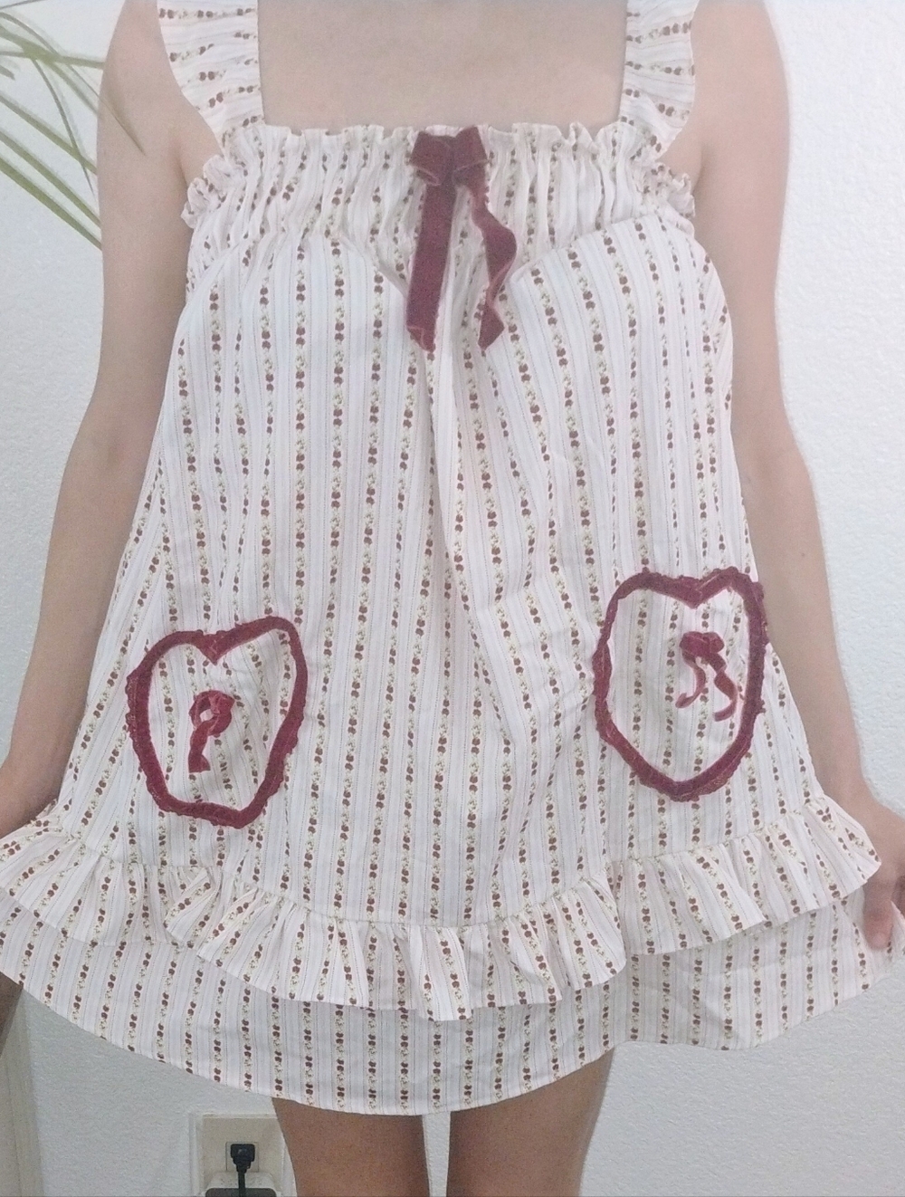 Sleeveless Cream Floral Stripe Summer Dress with Burgundy Accents